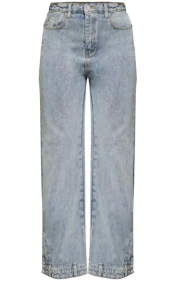 Online PrettyLittleThing Waistband Detail Hem Straight Leg Jeans Mid Blue Wash