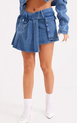 Outlet PrettyLittleThing Washed Pocket Detail Asymmetric Micro Mini Denim Skirt Mid Blue Wash
