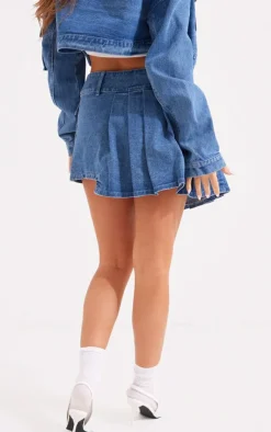 Outlet PrettyLittleThing Washed Pocket Detail Asymmetric Micro Mini Denim Skirt Mid Blue Wash