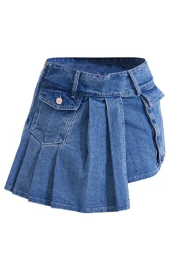 Outlet PrettyLittleThing Washed Pocket Detail Asymmetric Micro Mini Denim Skirt Mid Blue Wash