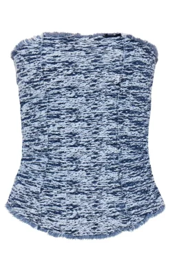 Clearance PrettyLittleThing Wave Textured Denim Zip Up Bandeau Top Mid Blue Wash