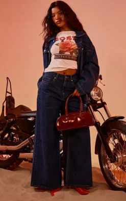 New PrettyLittleThing Wide Leg Style Jeans Mid Blue Wash