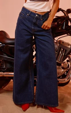 New PrettyLittleThing Wide Leg Style Jeans Mid Blue Wash