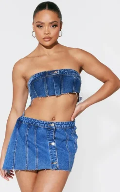 Sale PrettyLittleThing Wrap Over Denim Micro Mini Skirt Mid Blue Wash