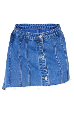 Sale PrettyLittleThing Wrap Over Denim Micro Mini Skirt Mid Blue Wash