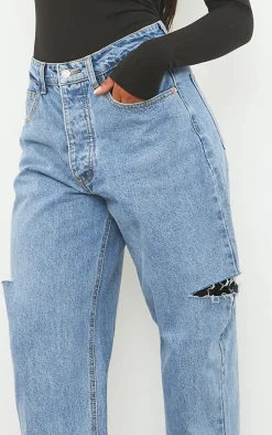 Mid Wash Thigh Split Baggy Boyfriend Jeans