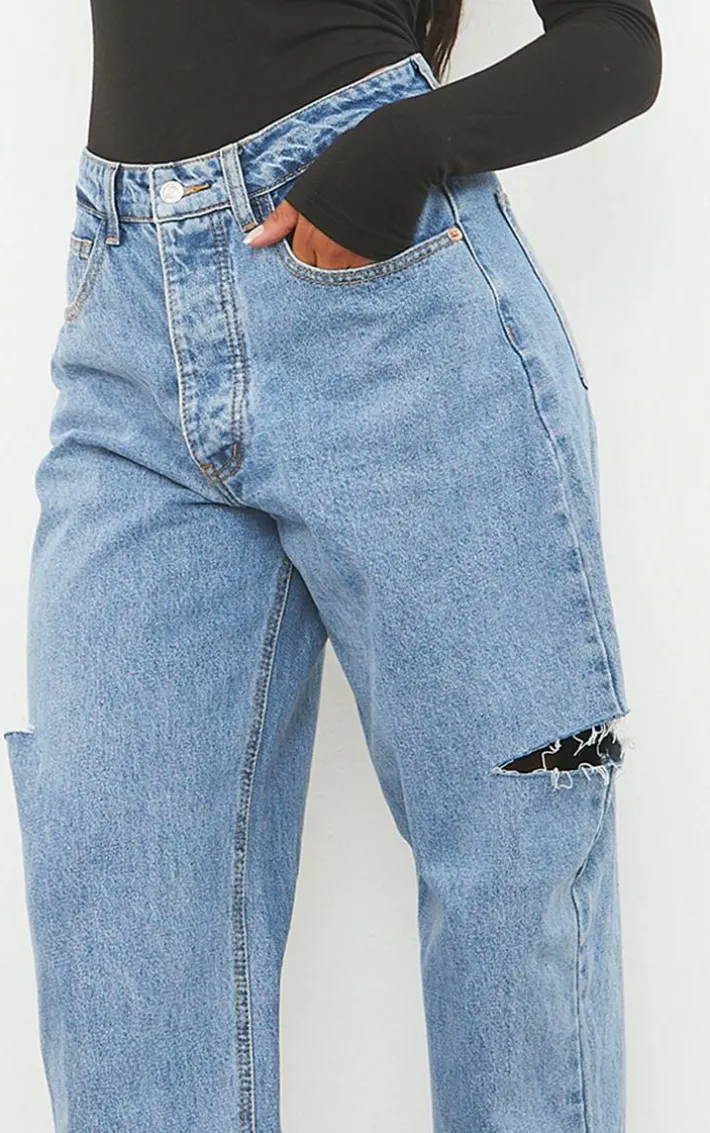 Mid Wash Thigh Split Baggy Boyfriend Jeans