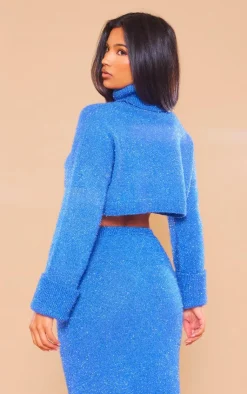 New PrettyLittleThing Tinsel Knit High Neck Oversized Sweater Midnight Blue