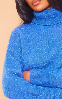 New PrettyLittleThing Tinsel Knit High Neck Oversized Sweater Midnight Blue