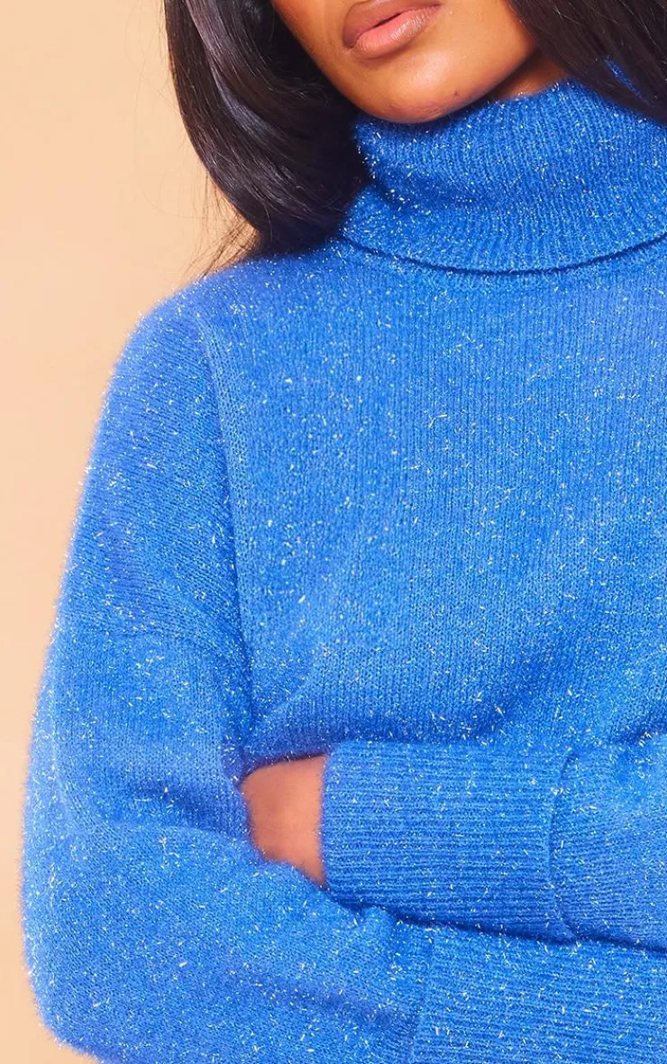 New PrettyLittleThing Tinsel Knit High Neck Oversized Sweater Midnight Blue