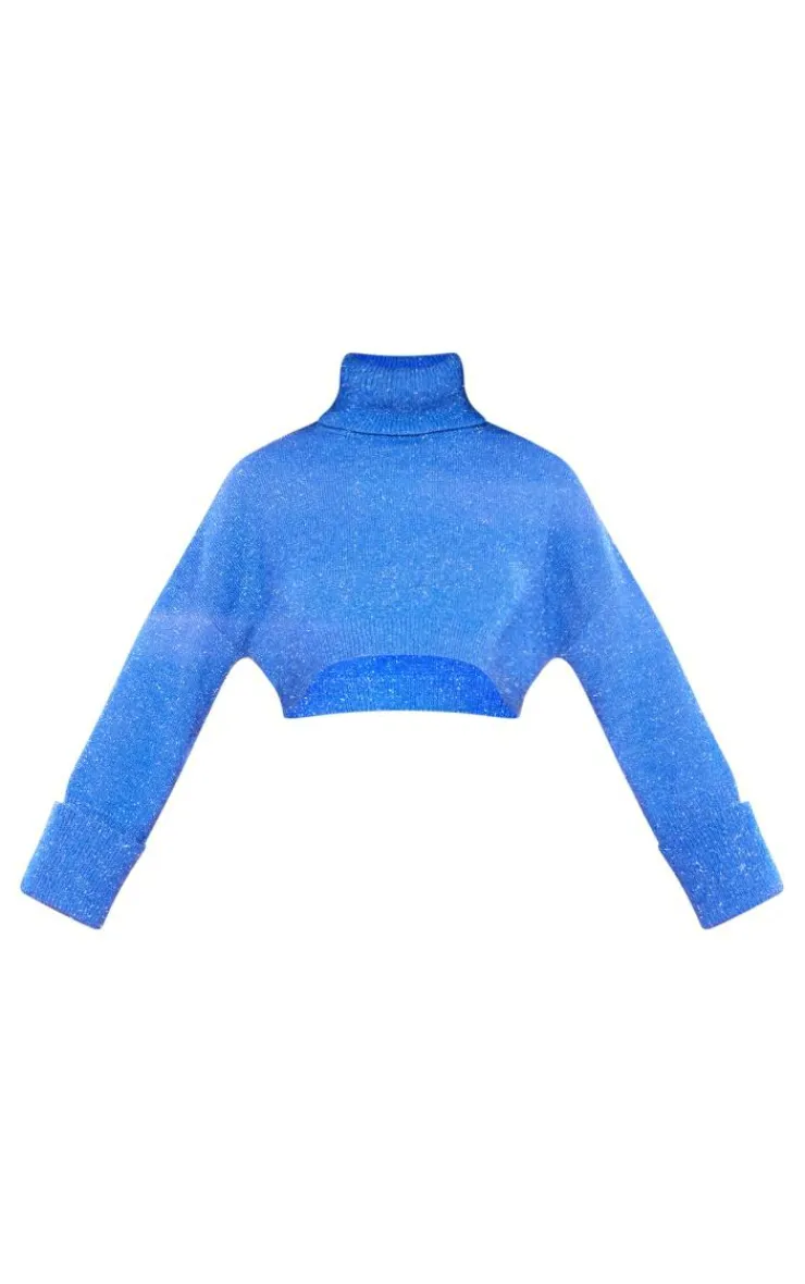 New PrettyLittleThing Tinsel Knit High Neck Oversized Sweater Midnight Blue