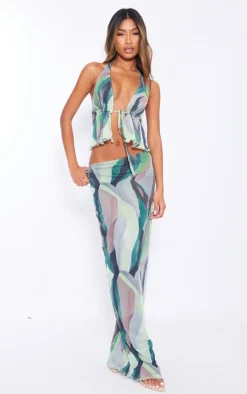 Hot PrettyLittleThing Abstract Print Mesh Low Rise Midaxi Skirt Mint