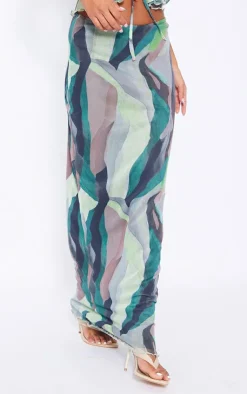 Hot PrettyLittleThing Abstract Print Mesh Low Rise Midaxi Skirt Mint