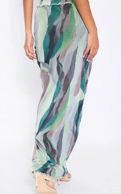 Hot PrettyLittleThing Abstract Print Mesh Low Rise Midaxi Skirt Mint