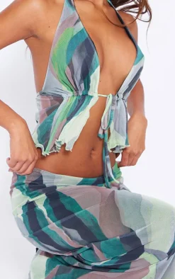 Hot PrettyLittleThing Abstract Print Mesh Low Rise Midaxi Skirt Mint