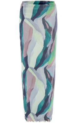 Hot PrettyLittleThing Abstract Print Mesh Low Rise Midaxi Skirt Mint