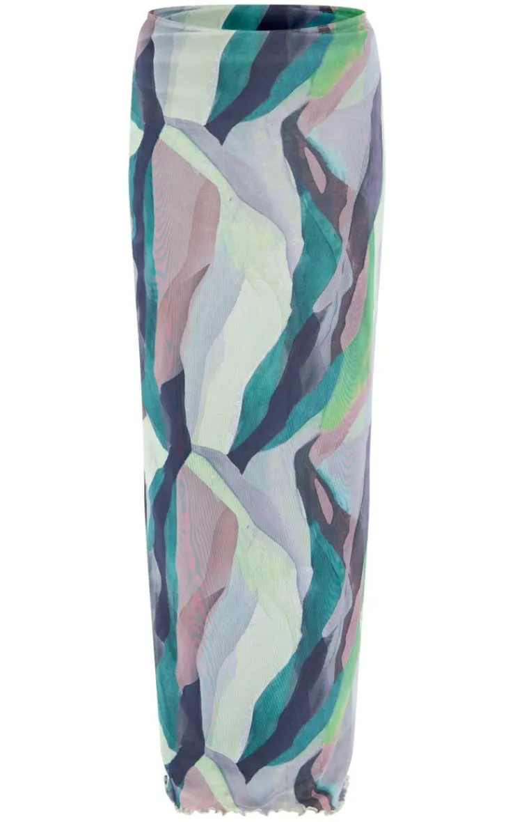 Hot PrettyLittleThing Abstract Print Mesh Low Rise Midaxi Skirt Mint