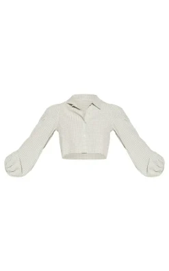 PrettyLittleThing Shirts*Gingham Cross Back Puff Sleeve Crop Shirt