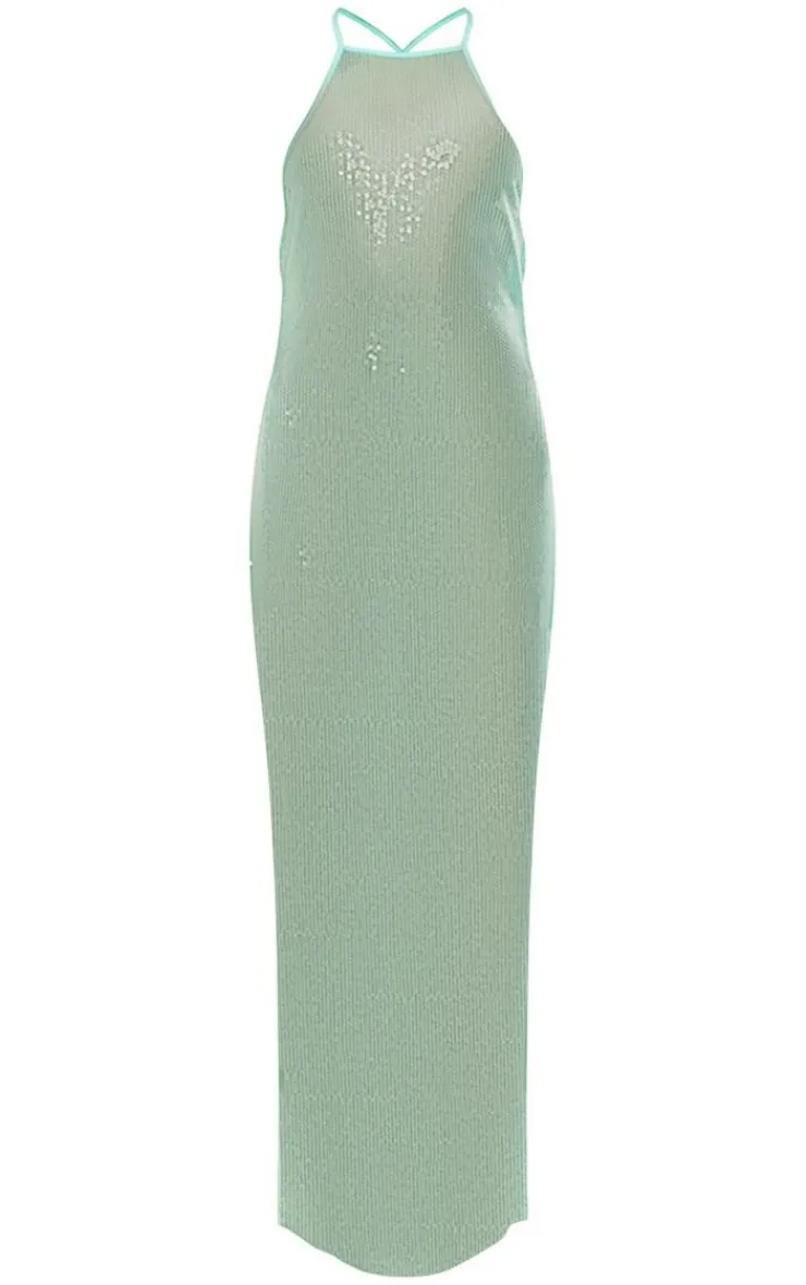 Sheer Sequin Cross Back Cowl Maxi Dress-PrettyLittleThing New