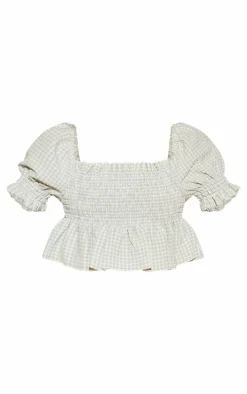 Mint Shirred Puff Sleeve Gingham Top