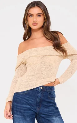 PrettyLittleThing Knitted Tops*Bobble Knit Bardot Top