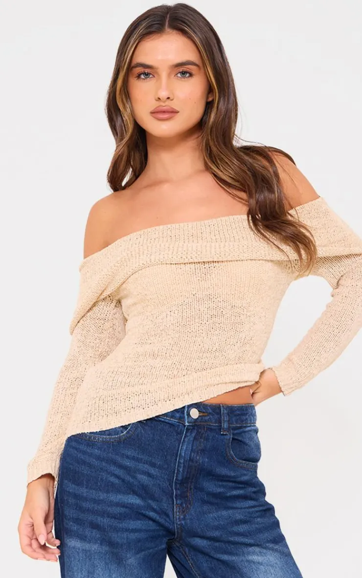 PrettyLittleThing Knitted Tops*Bobble Knit Bardot Top