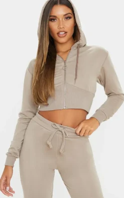 Discount PrettyLittleThing Bustier Zip Up Hoodie Mocha