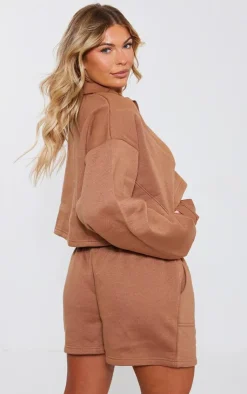 PrettyLittleThing Contrast Oversized Quarter Zip Sweatshirt Mocha