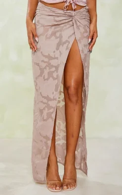 Mocha Distressed Floral Twist Detail Maxi Skirt