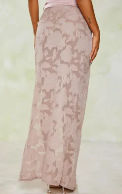 Mocha Distressed Floral Twist Detail Maxi Skirt