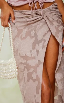 Mocha Distressed Floral Twist Detail Maxi Skirt