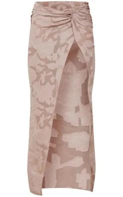 Mocha Distressed Floral Twist Detail Maxi Skirt