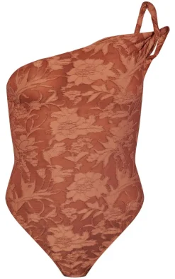 Discount PrettyLittleThing Floral Sheer Burnout Asymmetric Twist Detail Strap Bodysuit Mocha