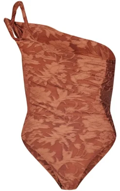 Discount PrettyLittleThing Floral Sheer Burnout Asymmetric Twist Detail Strap Bodysuit Mocha