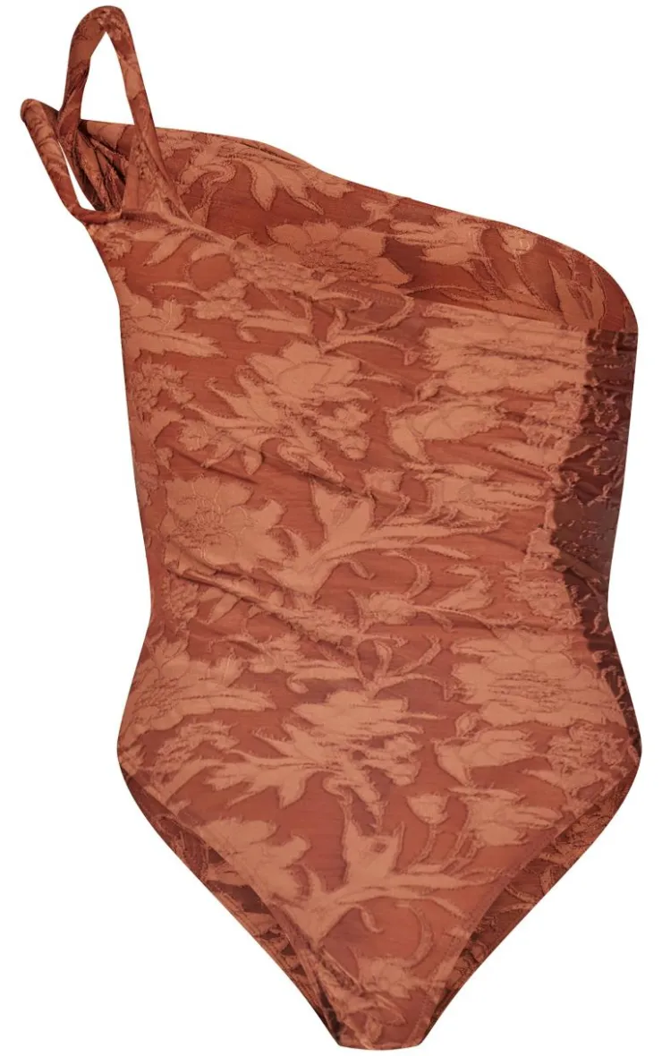 Discount PrettyLittleThing Floral Sheer Burnout Asymmetric Twist Detail Strap Bodysuit Mocha