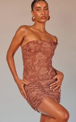 Sale PrettyLittleThing Floral Sheer Burnout Asymmetric Ruched Mini Skirt Mocha
