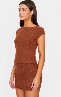 Outlet PrettyLittleThing Fluffy Boucle Knit Micro Mini Skirt Mocha