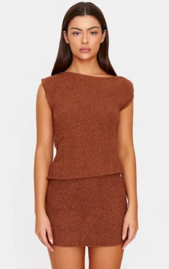 Hot PrettyLittleThing Fluffy Boucle Knit Asymmetric Ruched Shoulder Top Mocha