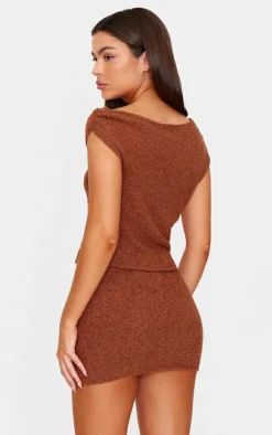 Hot PrettyLittleThing Fluffy Boucle Knit Asymmetric Ruched Shoulder Top Mocha