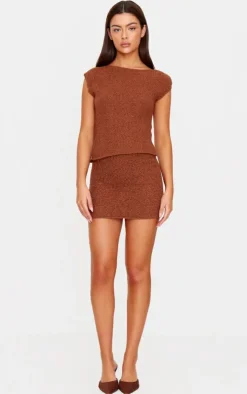 Hot PrettyLittleThing Fluffy Boucle Knit Asymmetric Ruched Shoulder Top Mocha
