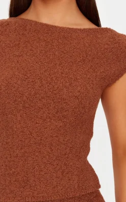 Hot PrettyLittleThing Fluffy Boucle Knit Asymmetric Ruched Shoulder Top Mocha