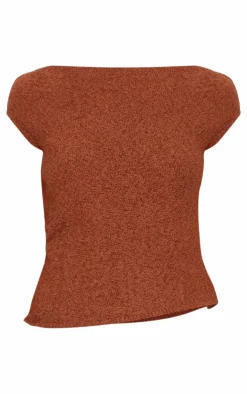 Hot PrettyLittleThing Fluffy Boucle Knit Asymmetric Ruched Shoulder Top Mocha