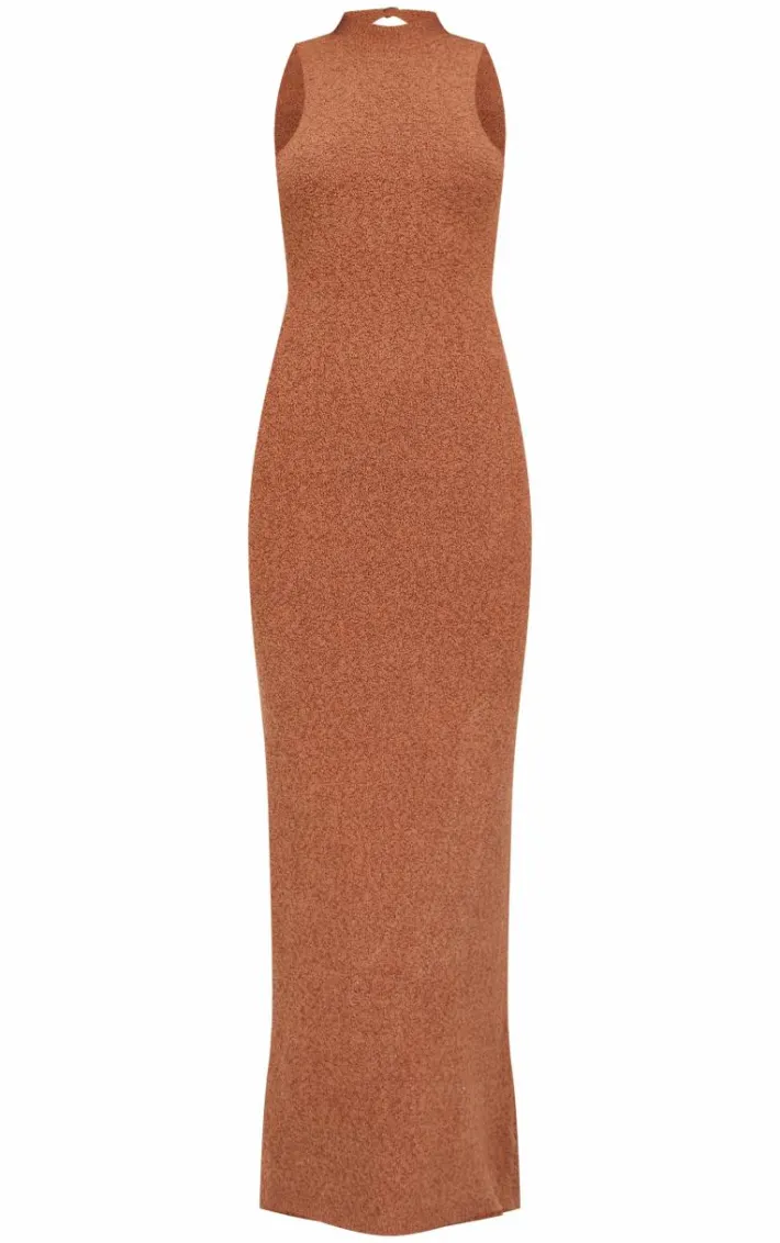 Mocha Fluffy Boucle Knit Racer Maxi Dress