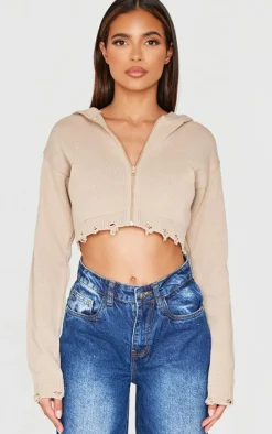 PrettyLittleThing Sweaters*Knitted Zip Up Distressed Detail Cropped Sweater