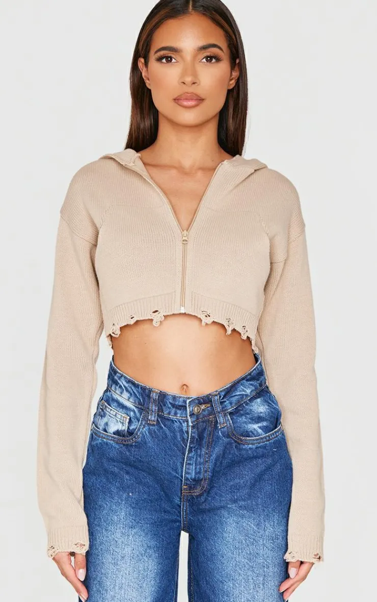 PrettyLittleThing Sweaters*Knitted Zip Up Distressed Detail Cropped Sweater