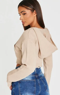 PrettyLittleThing Sweaters*Knitted Zip Up Distressed Detail Cropped Sweater