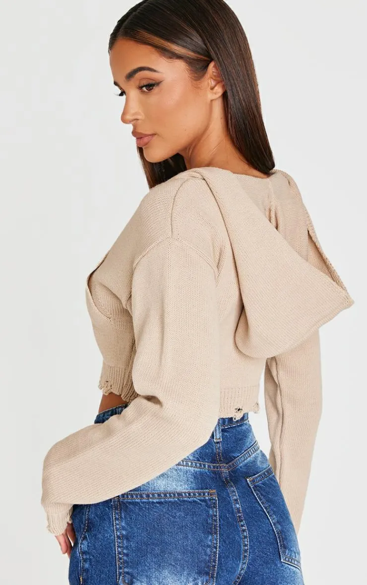 PrettyLittleThing Sweaters*Knitted Zip Up Distressed Detail Cropped Sweater