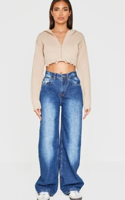 PrettyLittleThing Sweaters*Knitted Zip Up Distressed Detail Cropped Sweater