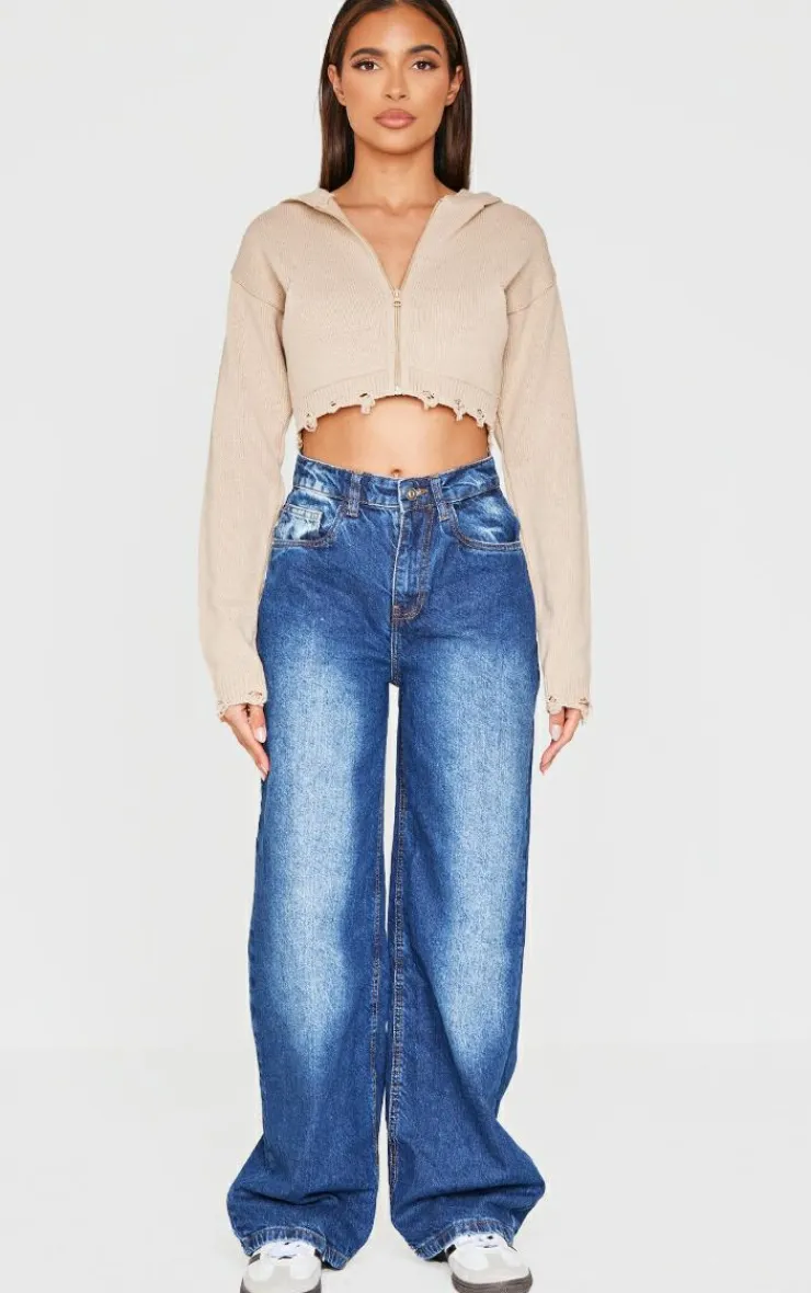 PrettyLittleThing Sweaters*Knitted Zip Up Distressed Detail Cropped Sweater