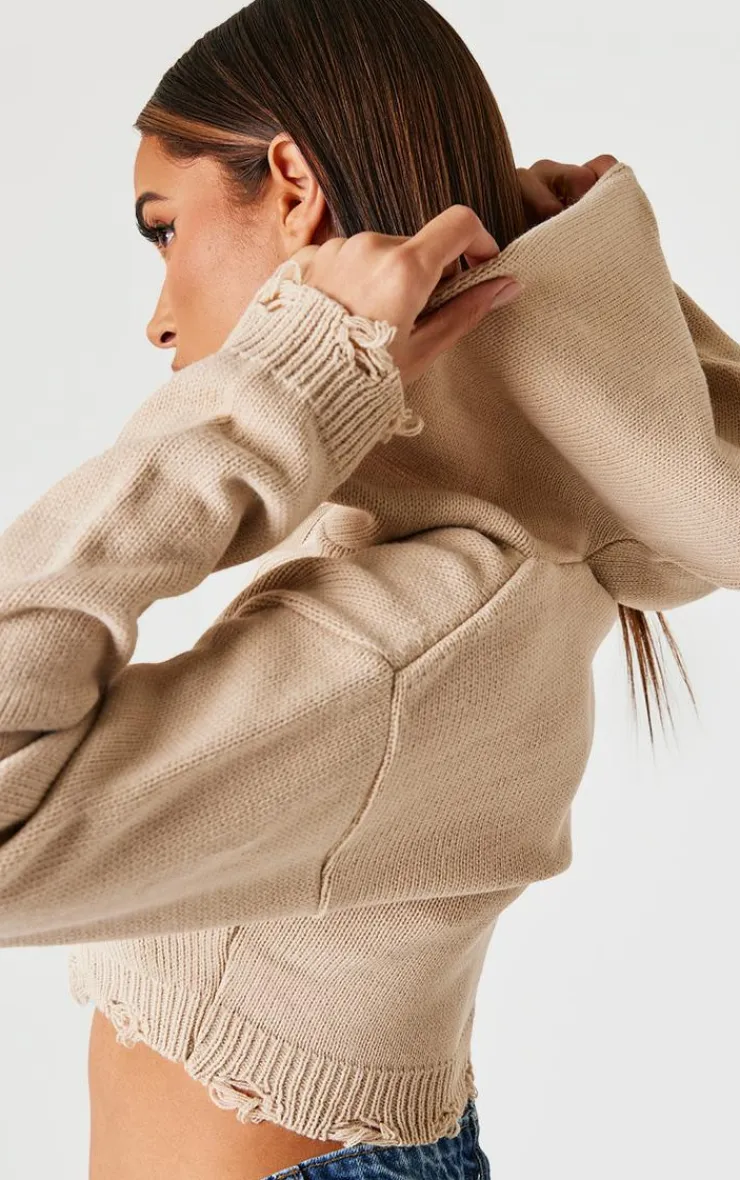 PrettyLittleThing Sweaters*Knitted Zip Up Distressed Detail Cropped Sweater